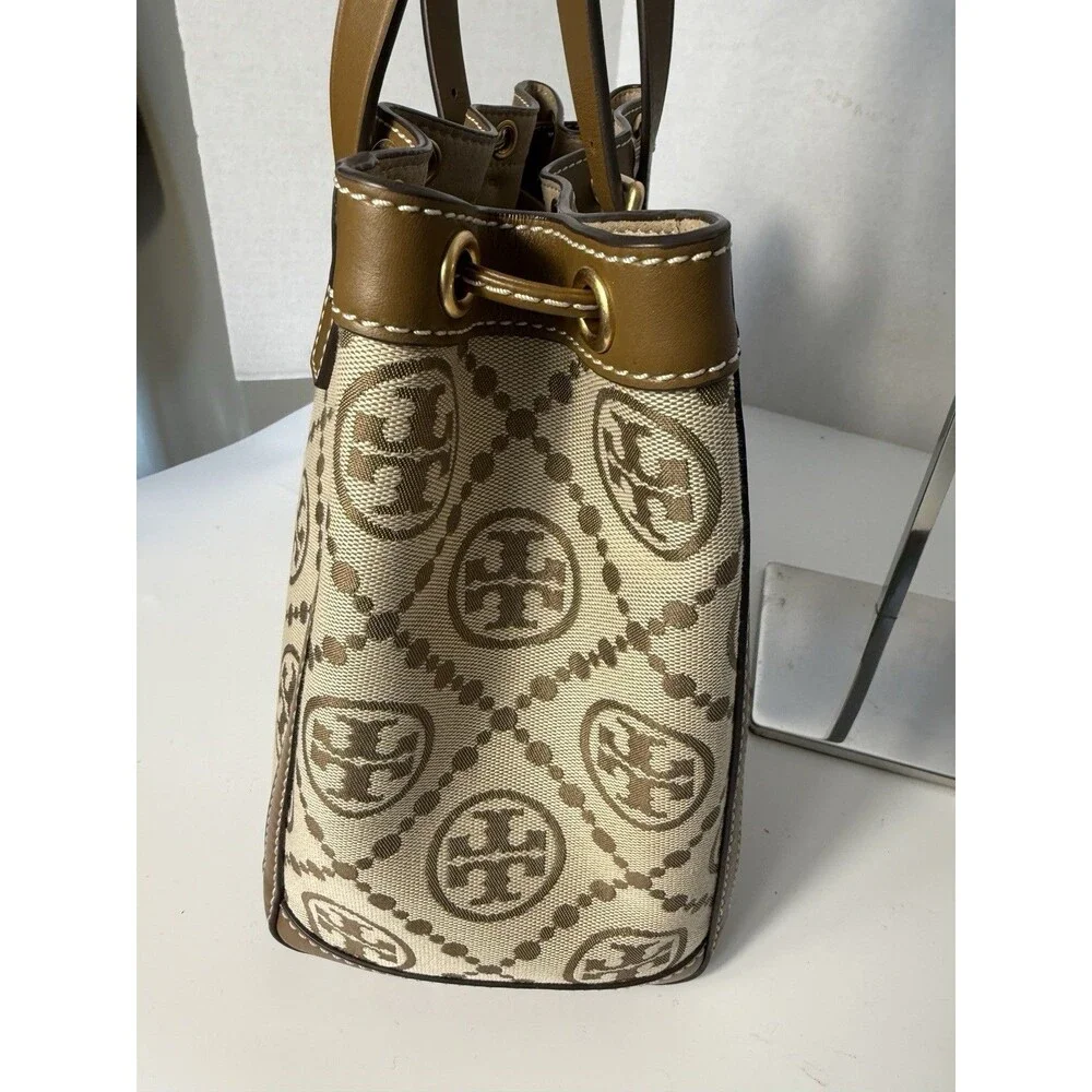 Tory Burch T Monogram Jacquard Logo Tote Bag Large Double Strap Cinch Drawstring
